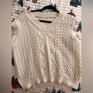 SHEIN Cream V-Neck Cable Knit Sweater Vest
